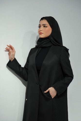 عباية بليزر أسود كريب كتان وجاكار مشجر لامع