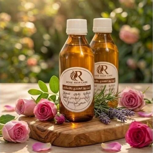 Two bottles of Indian rose oil with herbs
