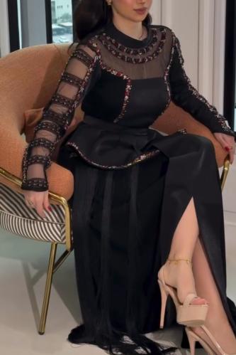 فستان اسود شك وكريستال مع هدب