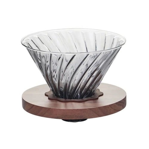 قمع زجاجي اسود بقاعدة خشبية V60 02