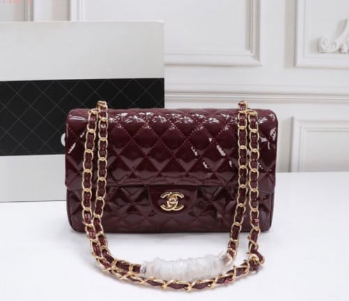 Chanel burgundy shiny flap gold