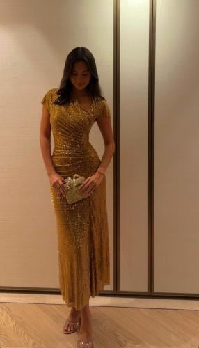Self potrait gold dress