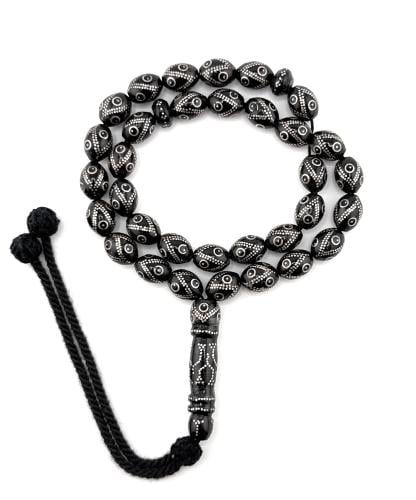 سبحة المرجان الاسود (اليسر) المطعم بالفضة