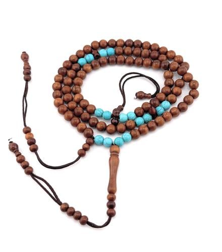سبحة خشب جوز الكوك مطعمة بالفيروز (8 ملم بلون بني...