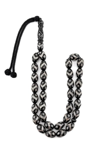 سبحة المرجان الاسود الطبيعي (اليسر) المطعمة بالفضة