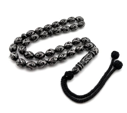 سبحة المرجان الاسود (اليسر) المطعم بالفضة