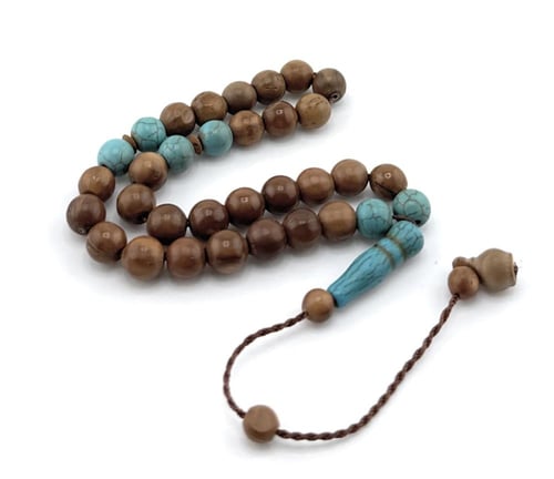 سبحة خشب جوز الكوك الطبيعي المطعم بالفيروز