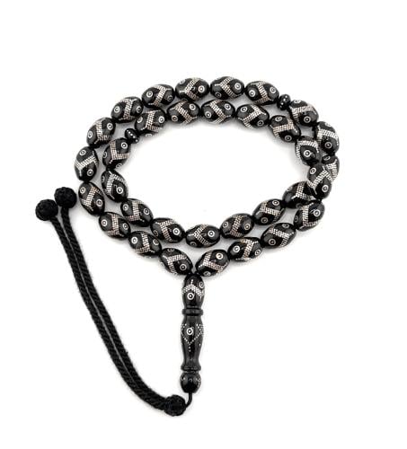 سبحة المرجان الاسود الطبيعي (اليسر) المطعمة بالفضة