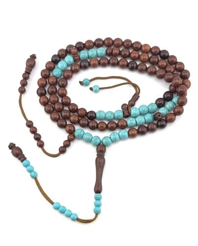 مسبحة خشب جوز الكوك الطبيعي مطعم بالفيروز (7ملم)