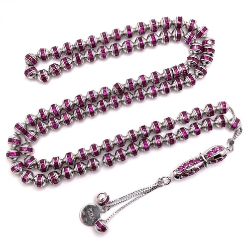 سبحة فضة مرصعة بأحجار زركون وردي غامق