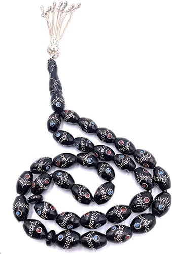 سبحة اليسر المرجان الاسود مشغولة بالفضة النقية عدد...