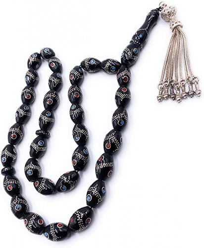 سبحة اليسر المرجان الاسود مشغولة بالفضة النقية عدد...