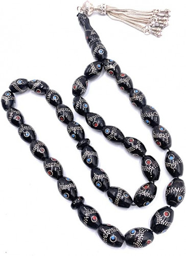 سبحة اليسر المرجان الاسود مشغولة بالفضة النقية عدد...