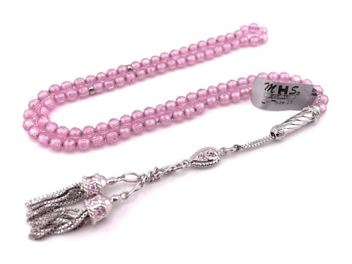 سبحة حجر الزركون الوردي الفاتح