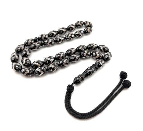 سبحة المرجان الاسود الطبيعي (اليسر) المطعمة بالفضة