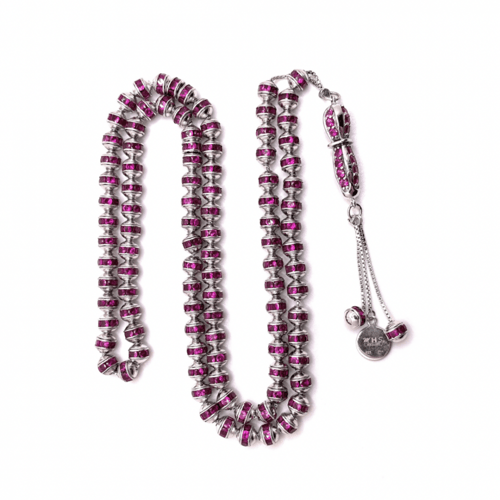 سبحة فضة مرصعة بأحجار زركون وردي غامق