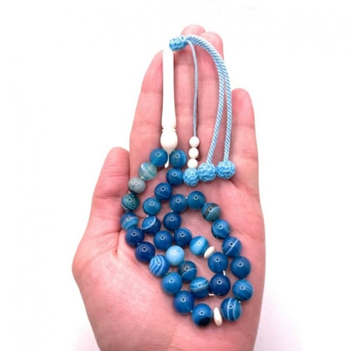 سبحة عقيق سليماني ازرق مع شاهد وفواصل عاج