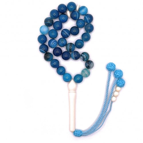 سبحة عقيق سليماني ازرق مع شاهد وفواصل عاج
