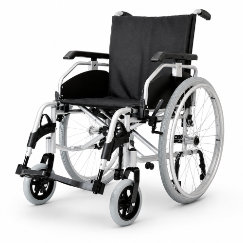 Lightweight aluminum wheelchair (Model 9070); features a durable frame, a comfortable seat, and anti-tip mechanisms; available in...