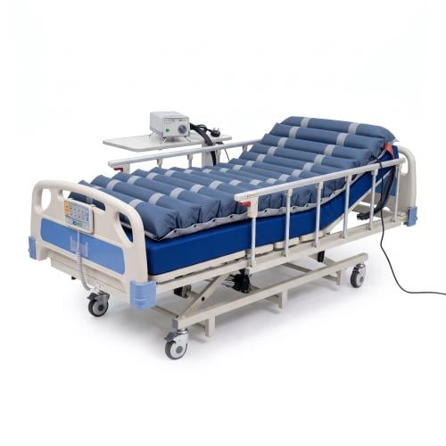Premium electric medical bed with medical foam mattress, overbed table, and IV pole – 5-function.