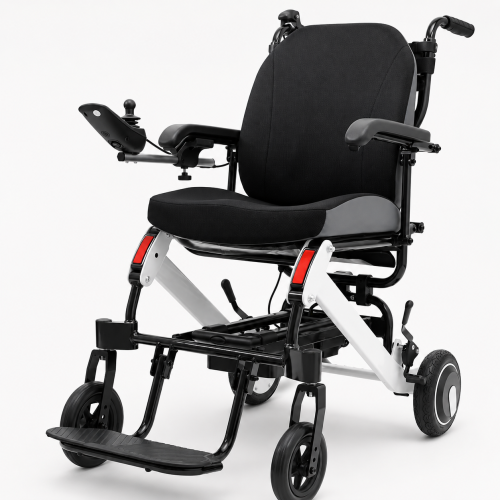 Lightweight aluminum electric wheelchair (46 cm seat width), foldable, with lithium battery and attendant control – Model 6033.