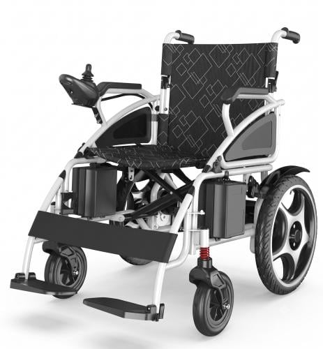 Electric wheelchair with side-mounted lithium battery, movable armrests, and a two-year warranty.