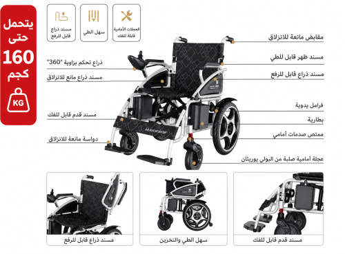 كرسي متحرك كهربائي لكبار السن 22 انش يتحمل 160 كجم