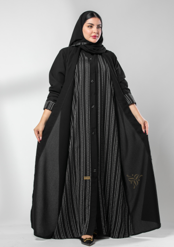 عباية سوداء بفستان متصل مخططة - Z875