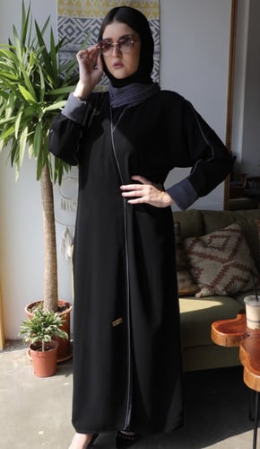 عباية سوداء يومية بقماش ألف ليلة وليلة طرف رمادي -...