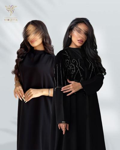 بكج عباية سوداء ربع كلوش بتداخل قماش المخمل و فستا...