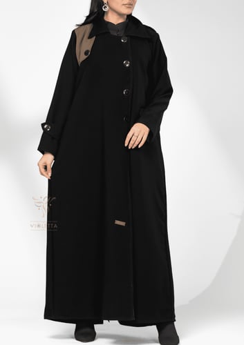 عباية سوداء شتوية بتصميم الترنش كوت - 6158