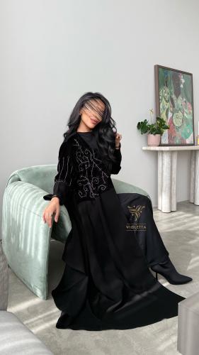 عباية سوداء ربع كلوش بتداخل قماش المخمل- 6198
