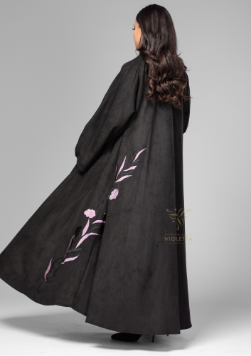 عباية سوداء شامواه بتطريز زهر البنفسج 6159