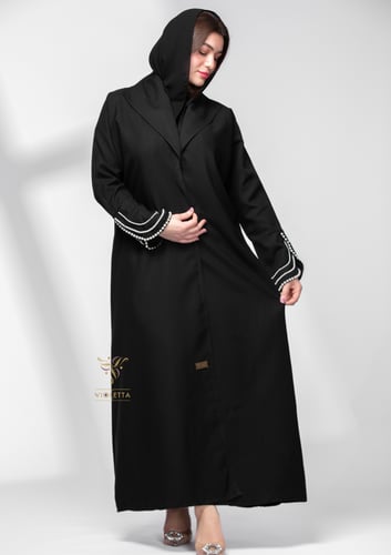 عباية سوداء بتطريز لولو في الأكمام أبيض z6017