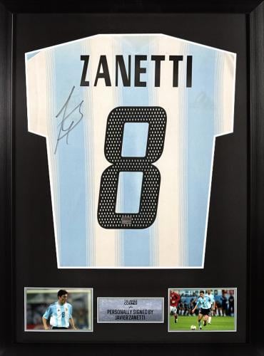 FRAMED JAVIER ZANETTI HAND SIGNED ARGENTINA JERSEY