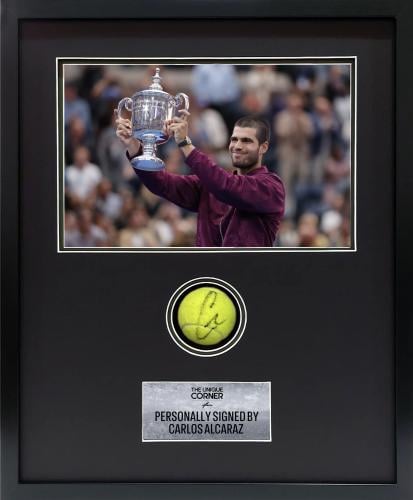 FRAMED CARLOS ALCARAZ HAND SIGNED TENNIS BALL