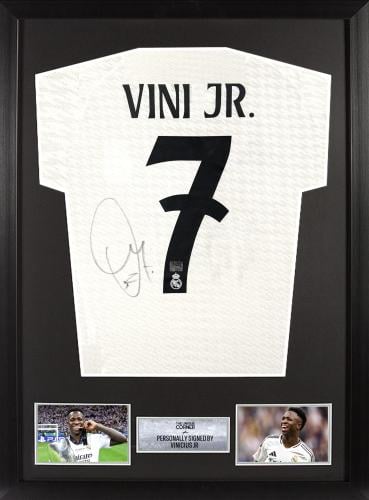 FRAMED VINI JR HAND SIGNED REAL MADRID JERSEY