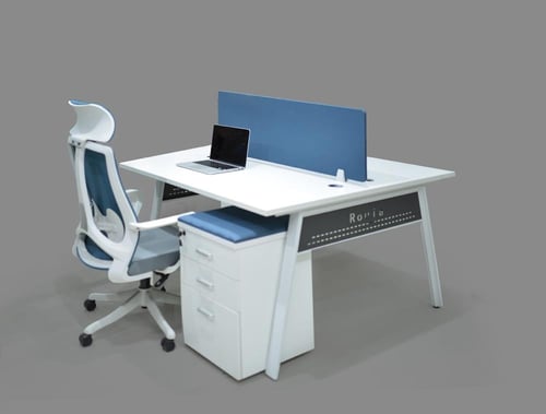 محطة عمل ثنائية بوحدات تخزين لون ابيض مع ازرق - D-...