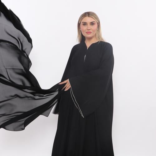 عبايه لمسه حرير نصف كلوش تحديد بالجنب قيطان بيج وا...