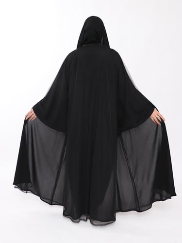 عبايه نص كلوش تل مبطن طرحه شك اسود من الأمام