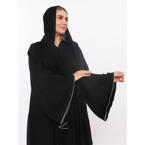 عبايه لمسه حرير نصف كلوش تحديد بالجنب قيطان بيج وا...