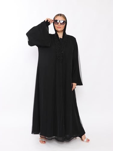 عبايه نص كلوش تل مبطن طرحه شك اسود من الأمام