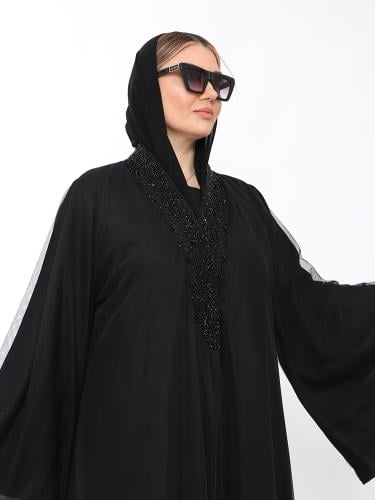 عبايه نص كلوش تل مبطن طرحه شك اسود من الأمام