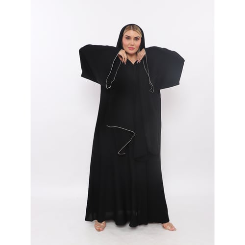 عبايه لمسه حرير نصف كلوش تحديد بالجنب قيطان بيج وا...