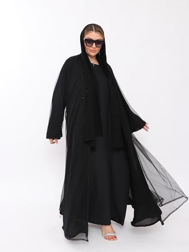 عبايه نص كلوش تل مبطن طرحه شك اسود من الأمام