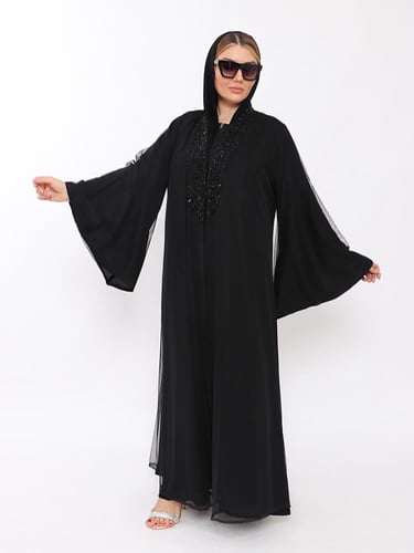 عبايه نص كلوش تل مبطن طرحه شك اسود من الأمام