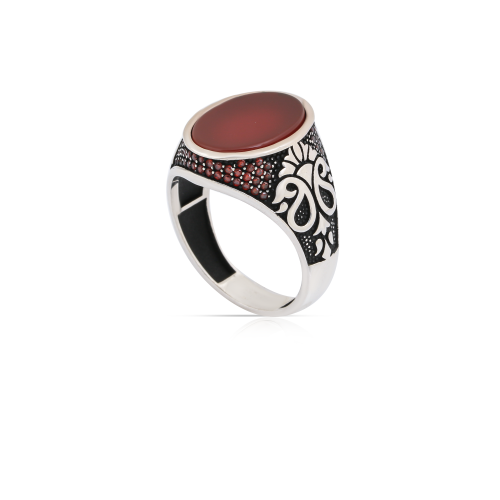 خاتم فضة عين النمر اللون الأحمر القاني