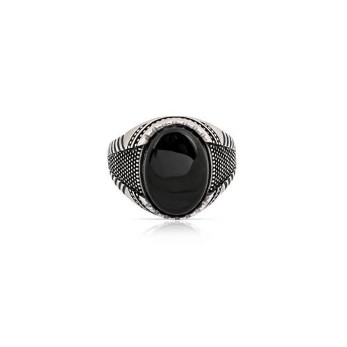 خاتم فضة حجر عقيق اسود بنقوش يدوية