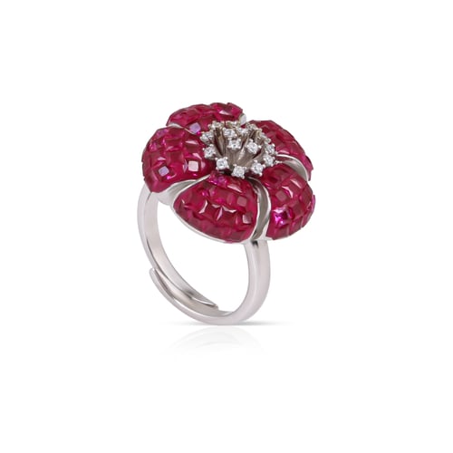 خاتم وردة احجار وفصوص زركون اخضر - ازرق