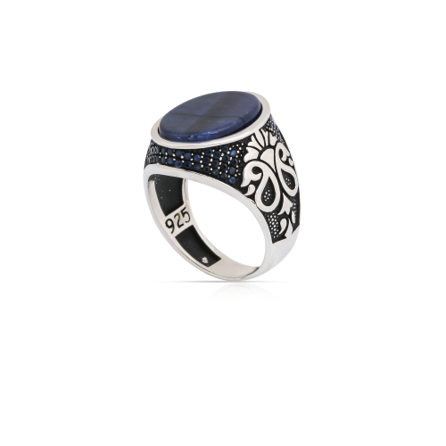 خاتم فضة اونيكس ازرق - نقوش يدوية